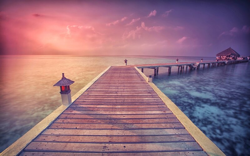 Wooden Pier at Sunset — Purple, Serene, Photograph, Lanterns