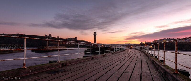 Wooden Pier at Sunset — Purple, Serene, Photograph, Lighthouse