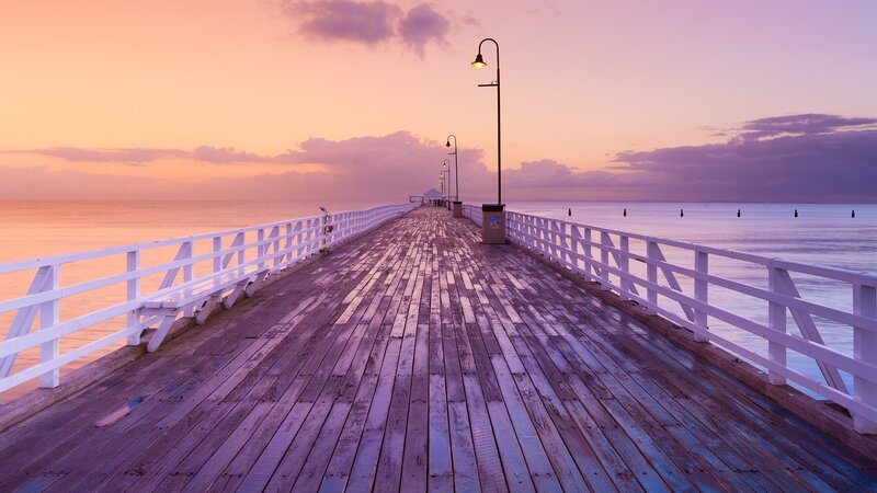 Wooden Pier at Sunset — Purple, Serene, Photograph, Ocean, Sky, Streetlights, Orange