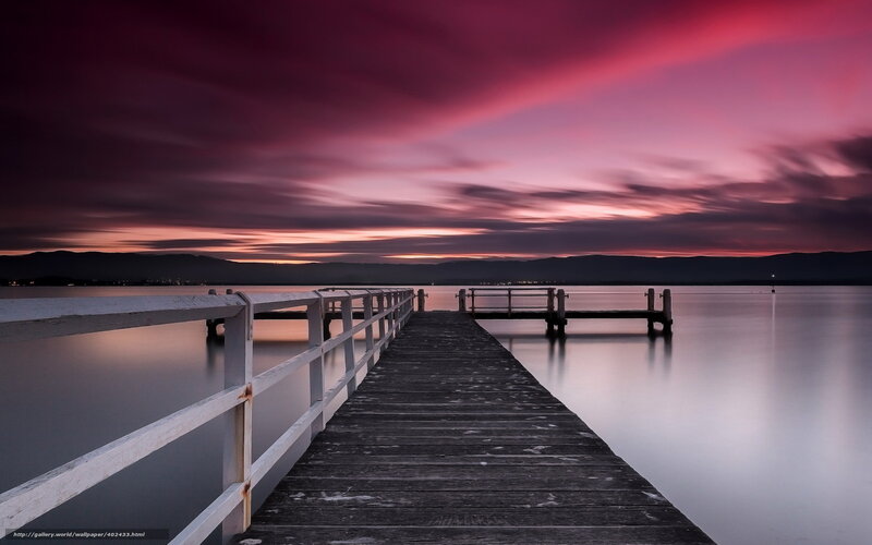 Wooden Pier at Sunset — Purple, Serene, Photograph, Sky, Mountains