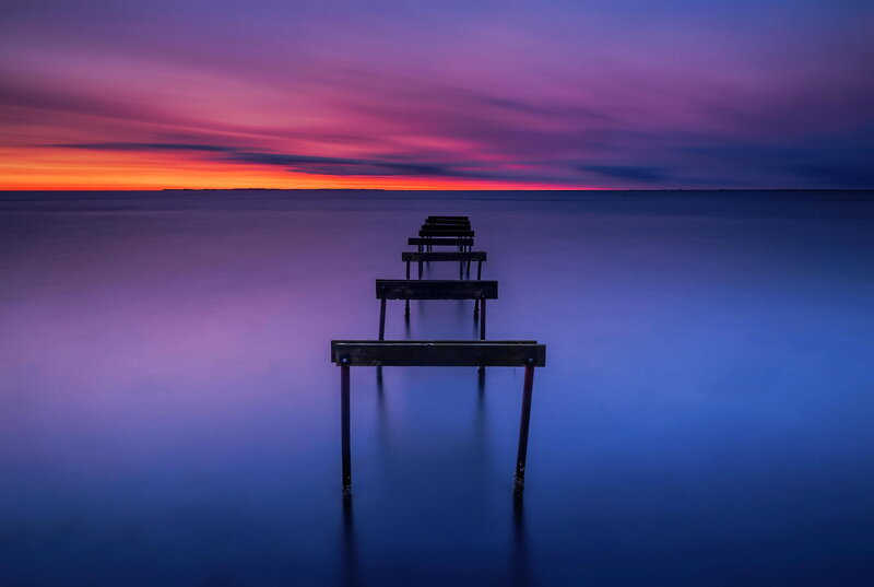 Wooden Pier at Sunset — Purple, Serene, Photograph, Sky