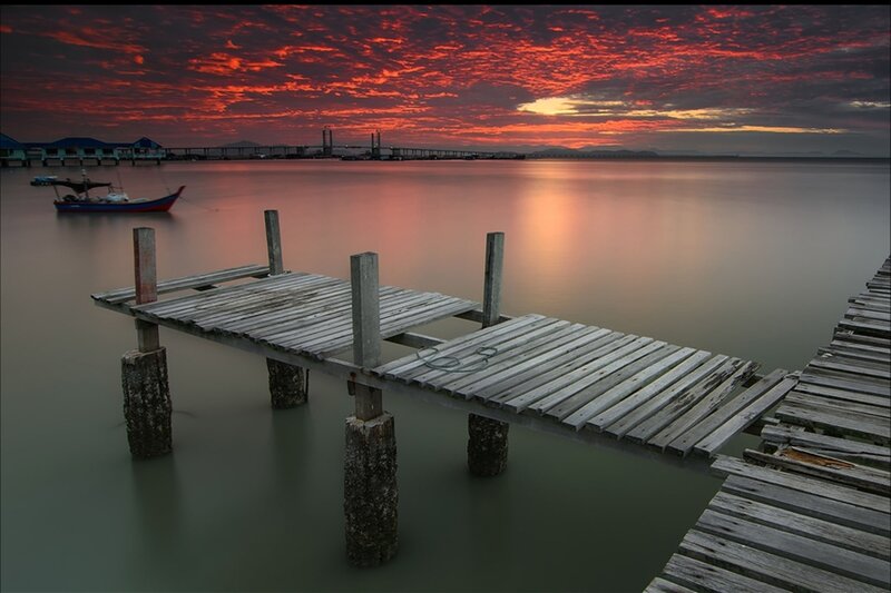 Wooden Pier at Sunset — Red, Dramatic, Photograph, Boat