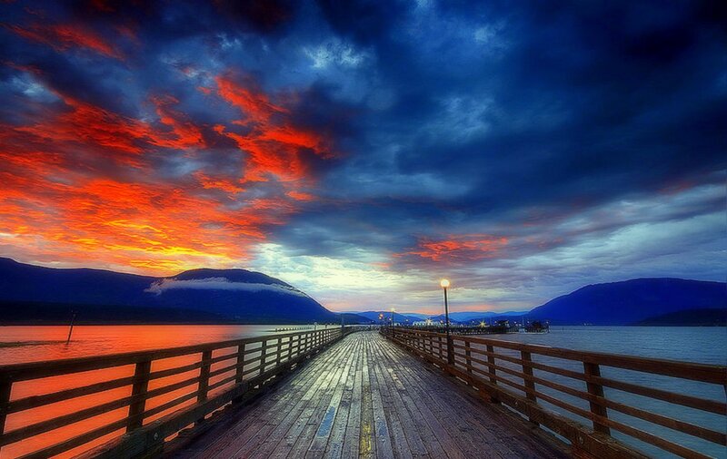 Wooden Pier at Sunset — Red, Dramatic, Photograph, Mountains