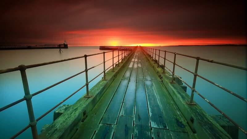 Wooden Pier at Sunset — Red, Dramatic, Photograph, Ocean, Sky, Lighthouse