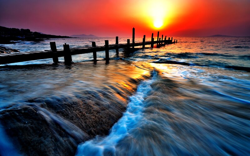 Wooden Pier at Sunset — Red, Dramatic, Photograph, Ocean
