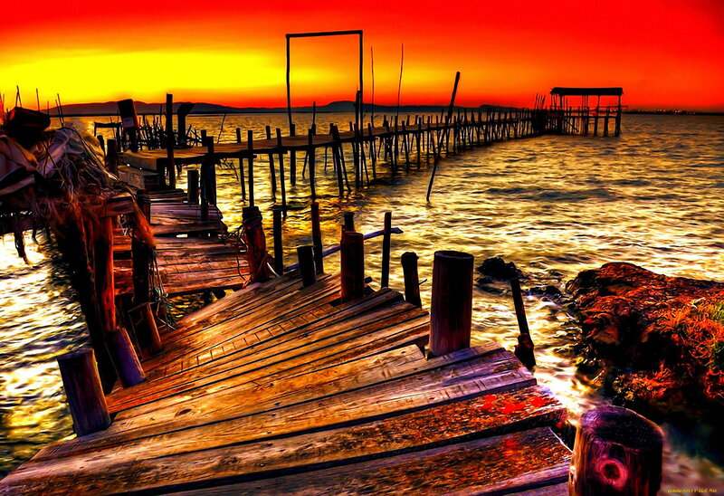 Wooden Pier at Sunset — Red, Dramatic, Photograph, Sea