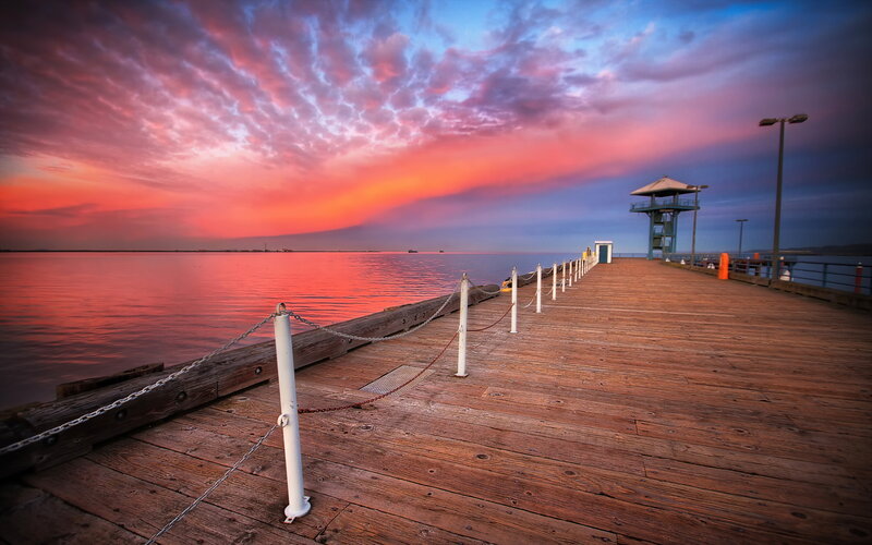 Wooden Pier at Sunset — Red, Dramatic, Photograph, Sky