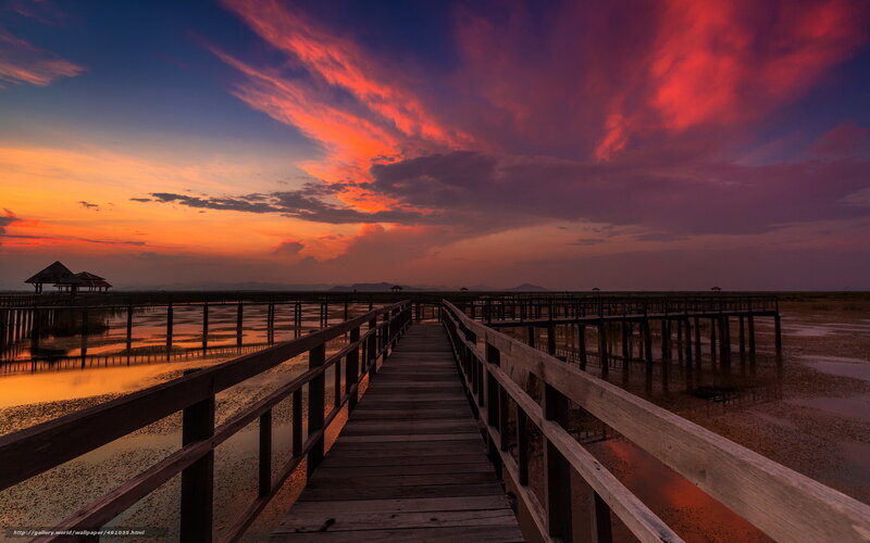 Wooden Pier at Sunset — Red, Dramatic, Photograph, Sky, Water, Hut