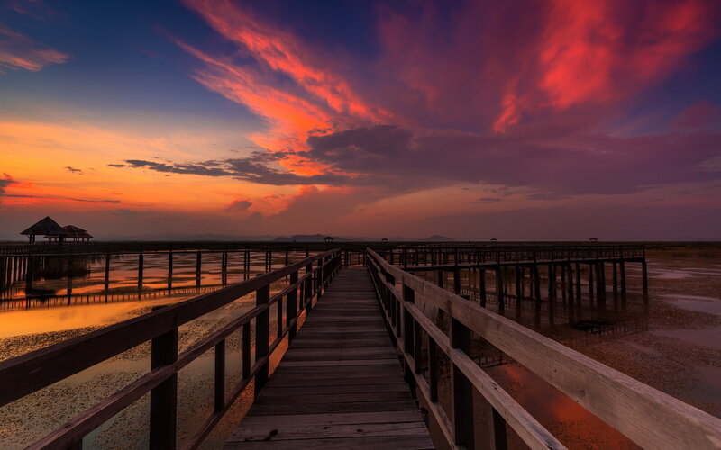 Wooden Pier at Sunset — Red, Dramatic, Photograph, Sky, Water