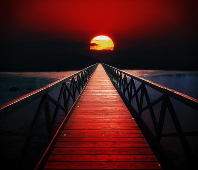 Wooden Pier at Sunset — Red, Dramatic, Photograph, Sun, Ocean