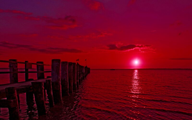 Wooden Pier at Sunset — Red, Dramatic, Photograph, Sun