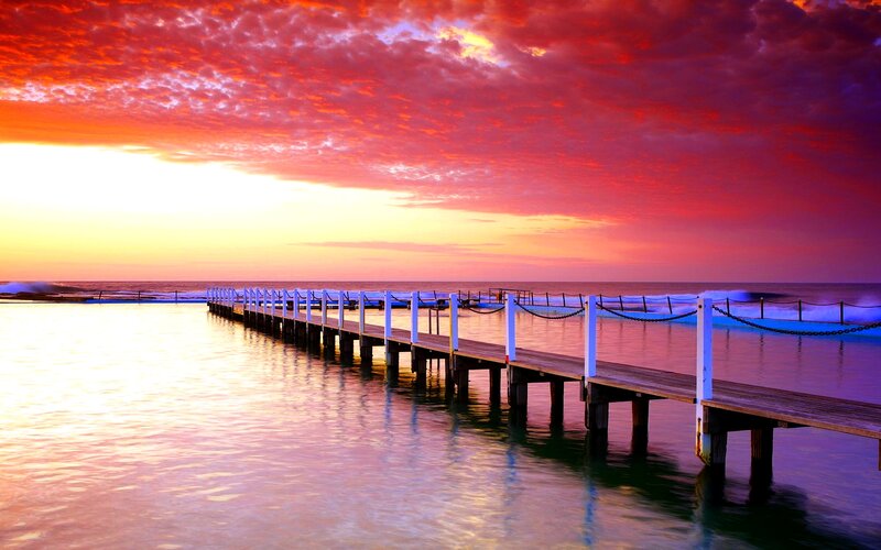 Wooden Pier at Sunset — Red, Dramatic, Photograph