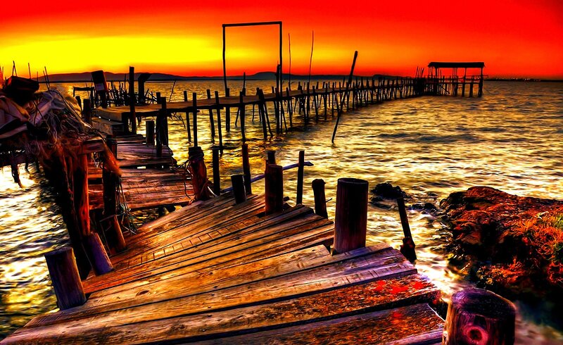 Wooden Pier at Sunset — Red, Dramatic, Photograph, Water