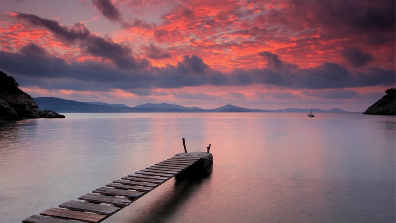 Wooden Pier at Sunset — Red, Serene