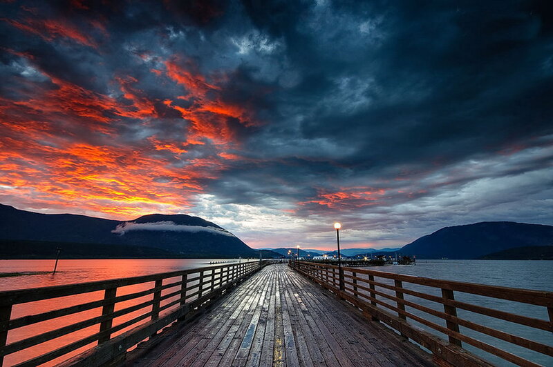 Wooden Pier at Sunset — Red