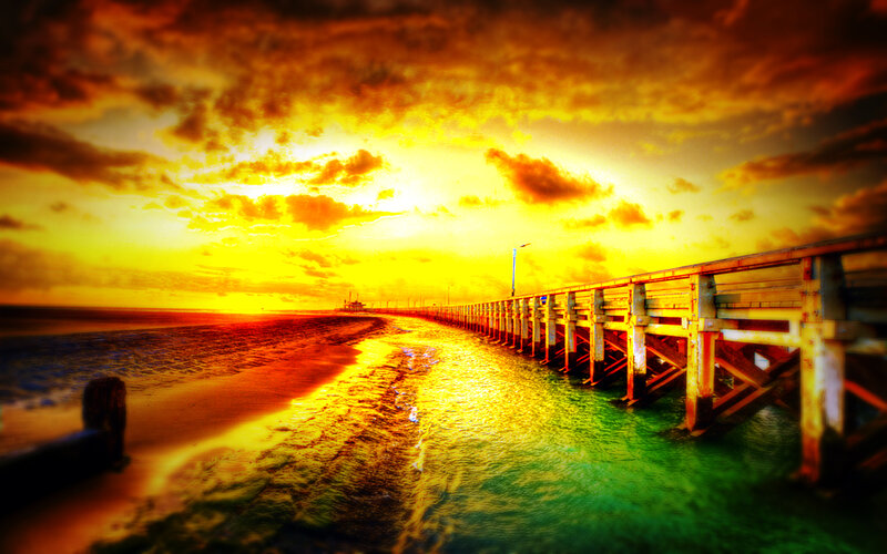 Wooden Pier at Sunset — Yellow, Dramatic, Photograph