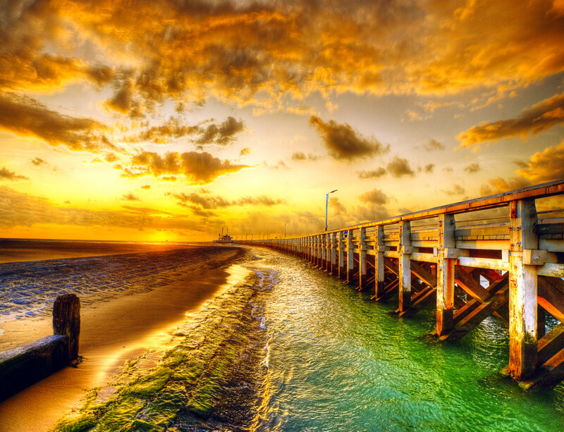 Wooden Pier at Sunset — Yellow, Dramatic
