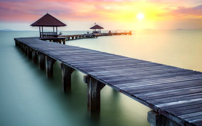 Wooden Pier at Sunset — Yellow, Serene, Photograph, Pavilion