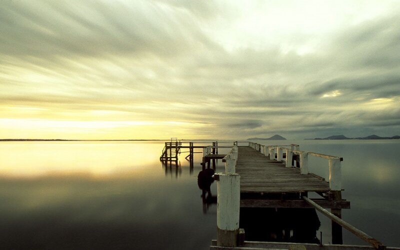 Wooden Pier at Sunset — Yellow, Serene, Photograph, Water