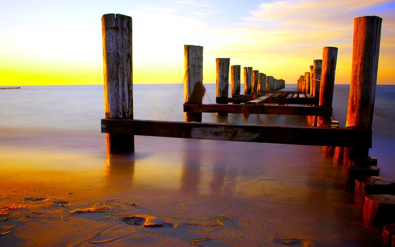 Wooden Pier at Sunset — Yellow, Serene