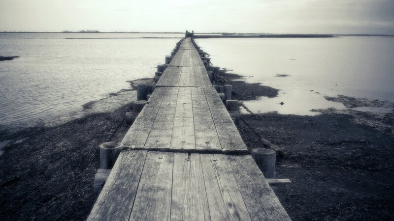 Wooden pier extending into calm water