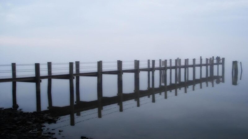 Wooden Pier in Fog — Gray, Misty, Morning