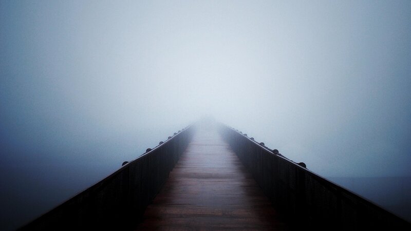 Wooden Pier in Fog — Gray, Misty, Photograph