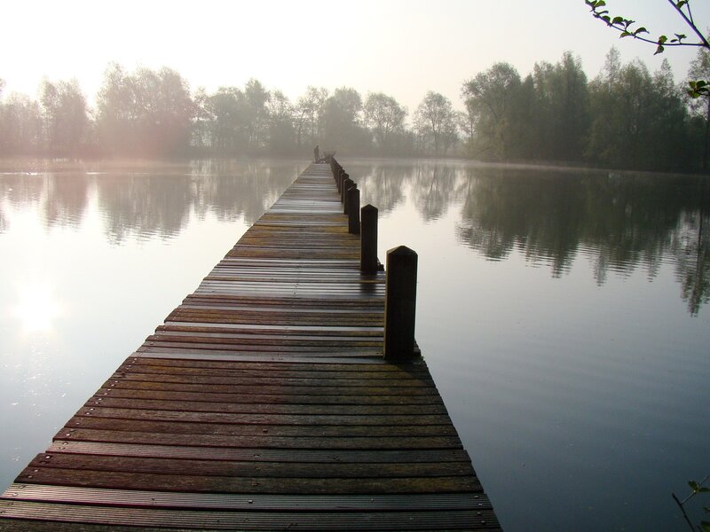Wooden pier on a misty lake