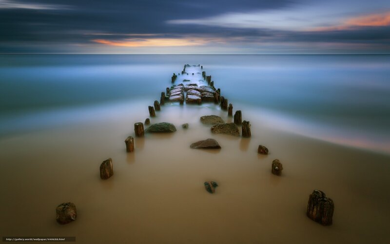 Wooden Pier on Beach — Blue, Serene, Sunset, Photograph, Ocean, Sky