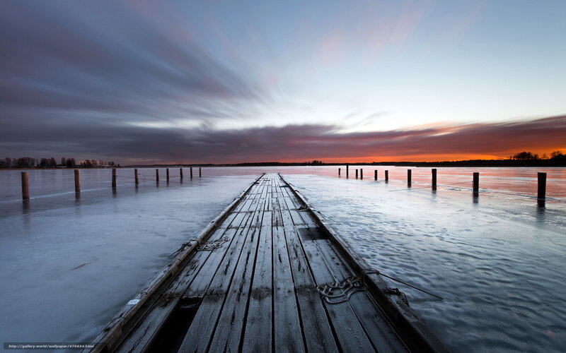 Wooden Pier on Frozen Lake — Blue, Serene, Sunset