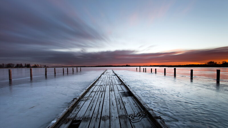 Wooden Pier on Frozen Lake — Blue, Serene