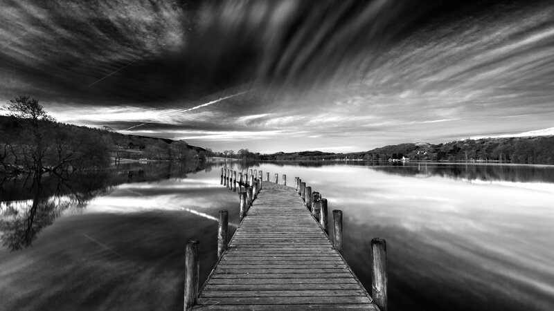 Wooden Pier on Lake — Black, Dramatic