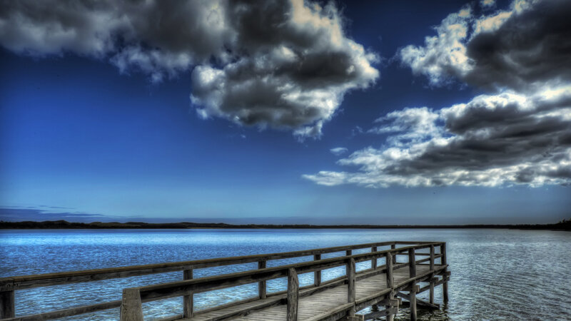 Wooden Pier on Lake — Blue, Dramatic, Afternoon
