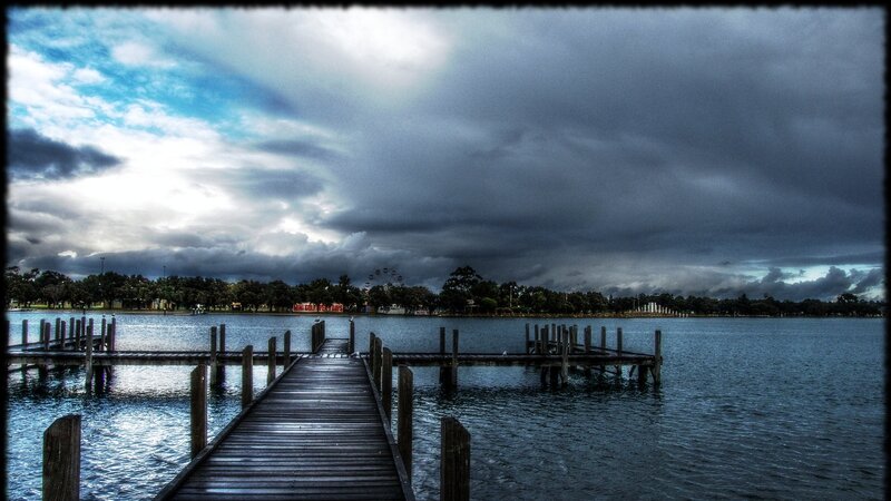 Wooden Pier on Lake — Blue, Dramatic, Photograph