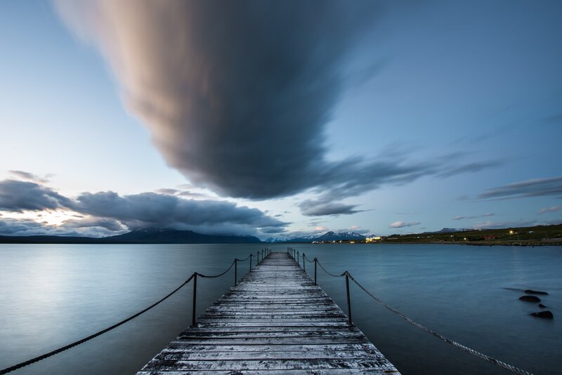 Wooden Pier on Lake — Blue, Dramatic, Sunset, Photograph, Clouds
