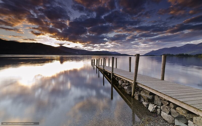 Wooden Pier on Lake — Blue, Dramatic, Sunset, Photograph