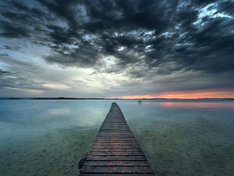 Wooden Pier on Lake — Blue, Dramatic