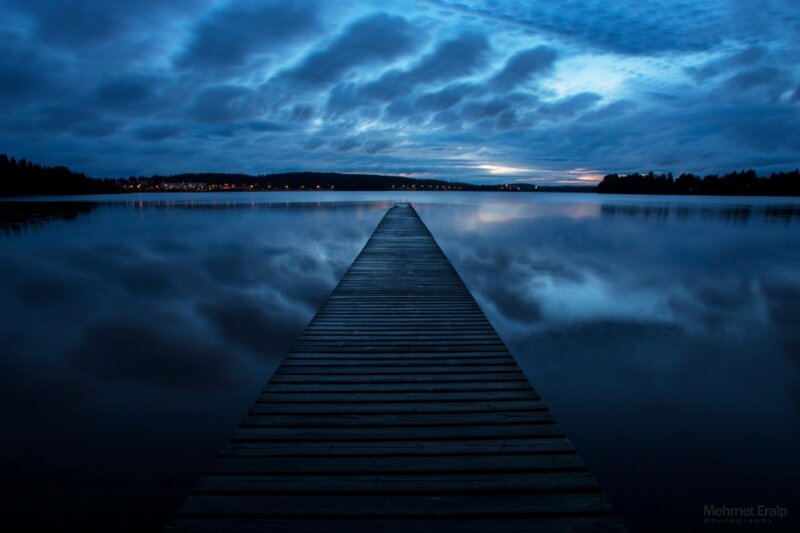 Wooden Pier on Lake — Blue, Serene, Night, Photograph, Clouds