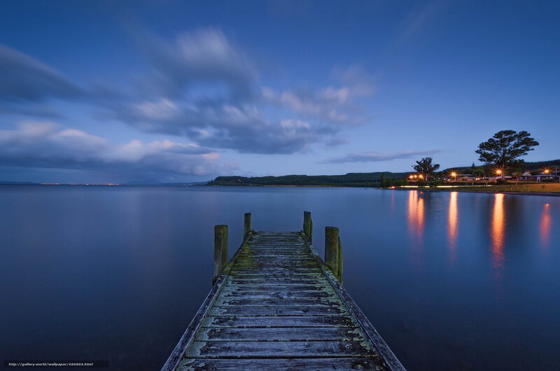 Wooden Pier on Lake — Blue, Serene, Night, Photograph, Dock