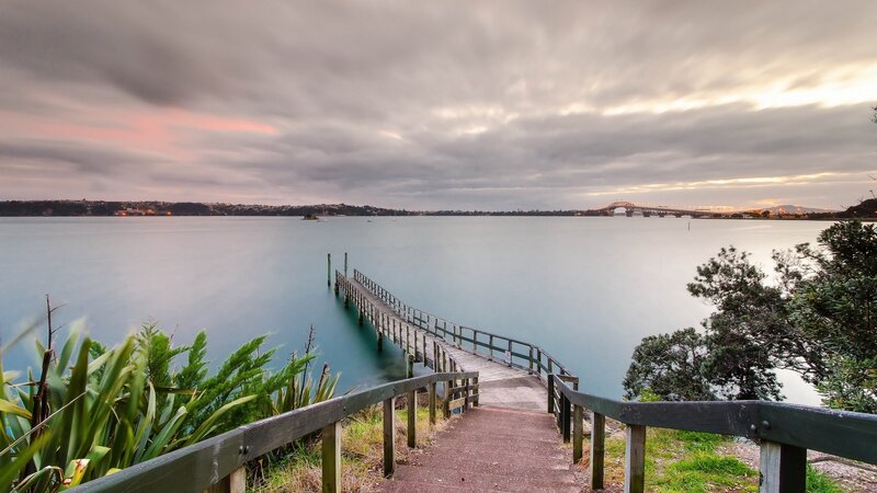 Wooden Pier on Lake — Blue, Serene, Sunset, Photograph, Bridge