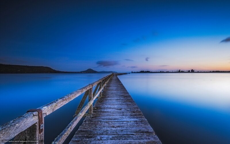 Wooden Pier on Lake — Blue, Serene, Sunset, Photograph, Sky