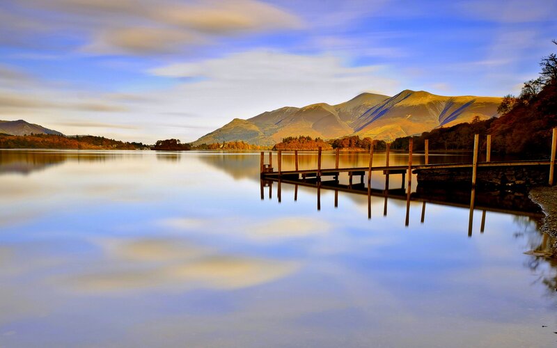 Wooden Pier on Lake — Blue, Serene, Sunset, Photograph