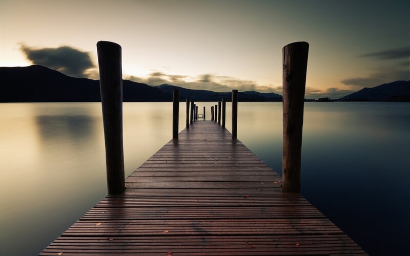 Wooden Pier on Lake — Brown, Serene, Sunset, Photograph