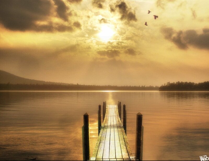 Wooden Pier on Lake — Gold, Serene, Sunset