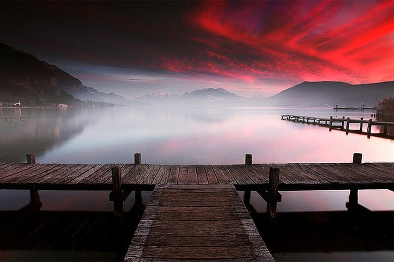 Wooden Pier on Lake — Red