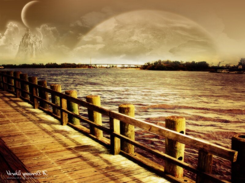 Wooden Pier on River — Brown, Dramatic