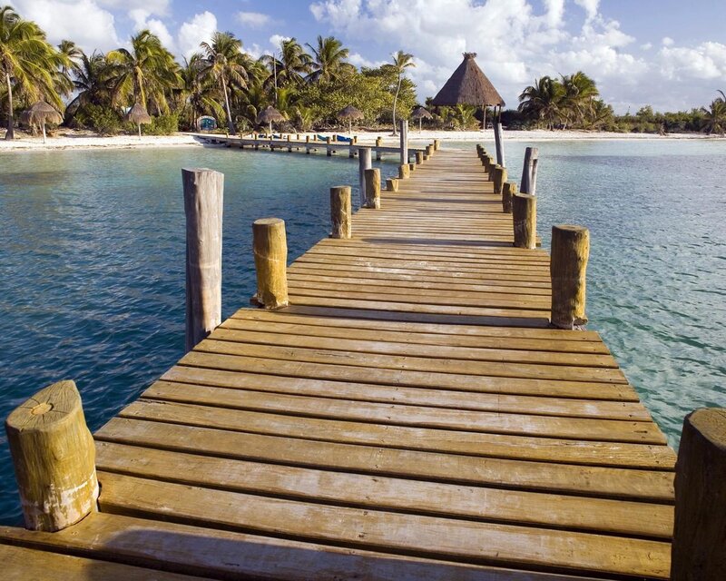 Wooden Pier on Tropical Island — Blue, Serene, Afternoon