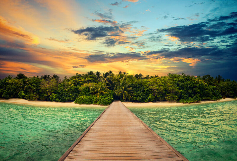 Wooden Pier on Tropical Island — Blue, Serene, Sunset