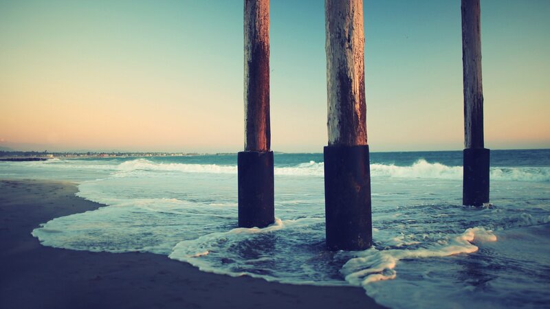 Wooden Pier Posts — Blue, Serene, Sunset