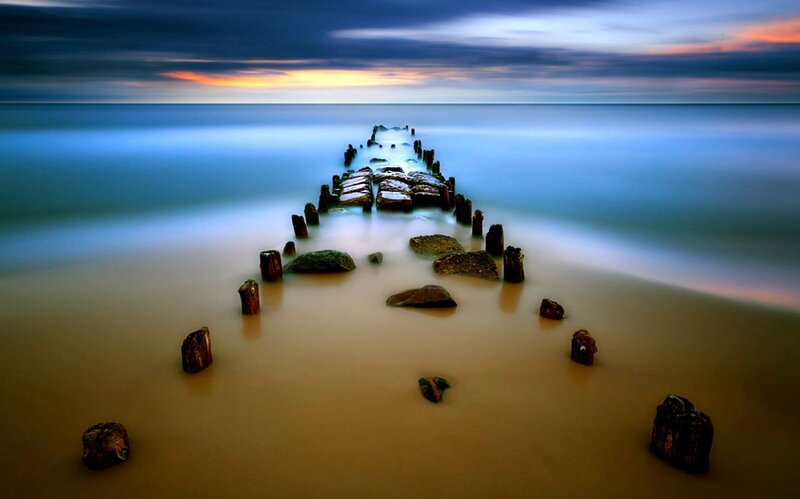 Wooden Pier Ruins — Blue, Serene, Sunset, Photograph